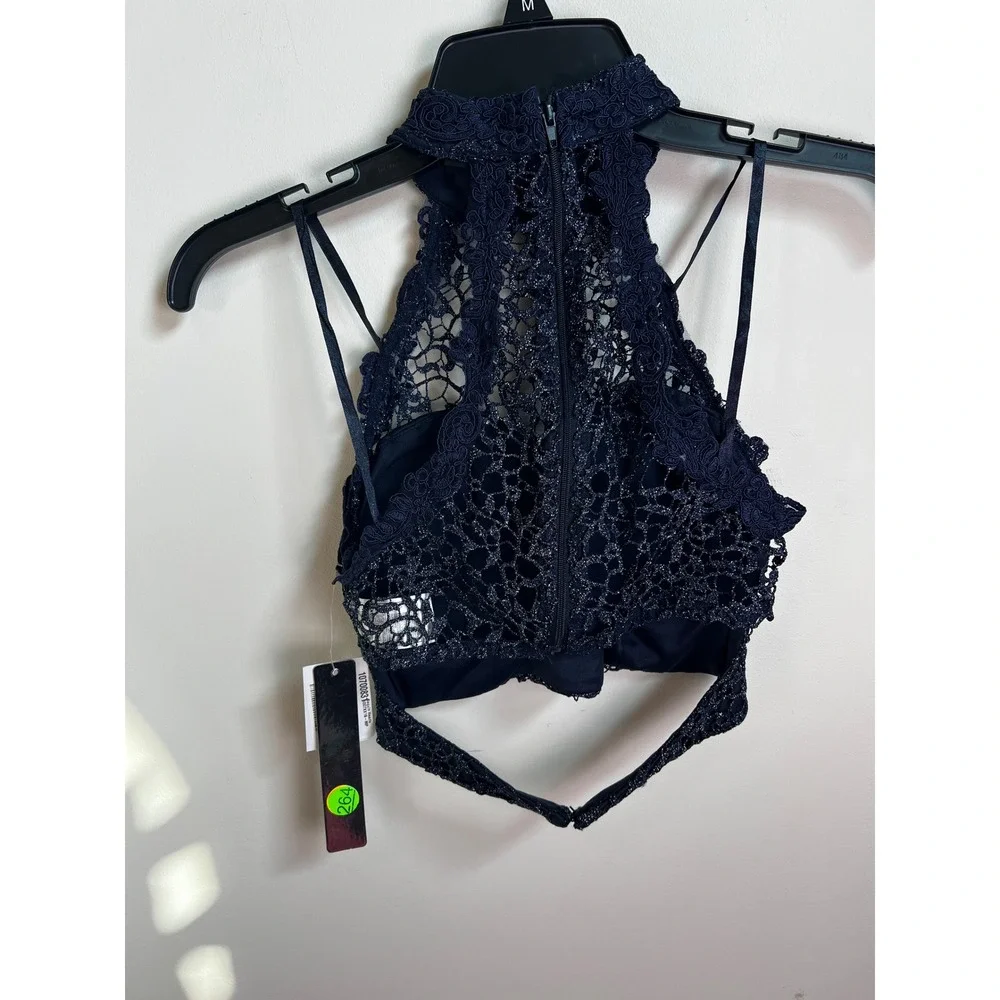Sequin Hearts Navy Blue Lace Halter Crop Top Size 0‎ NWT - Picture 3 of 10